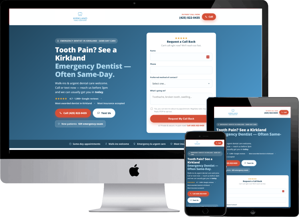 Kirkland Emergency dentist website on devices