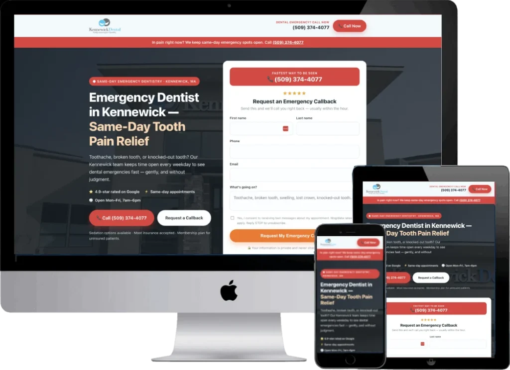 Kennewick Dental emergency landing page designed by Titan Web Agency