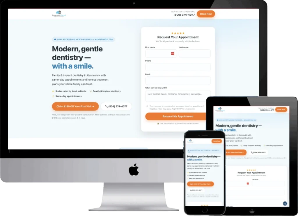 Kennewick Dental general landing page designed by Titan Web Agency
