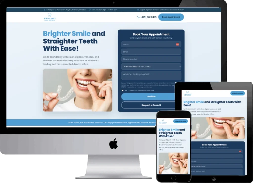Kirkland Dentistry cosmetic landing page designed by Titan Web Agency