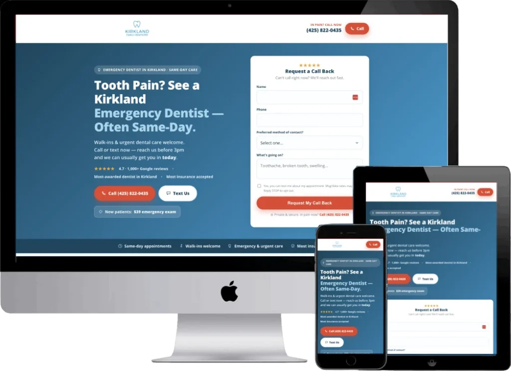 Kirkland Dentistry emergency, bing landing page designed by Titan Web Agency