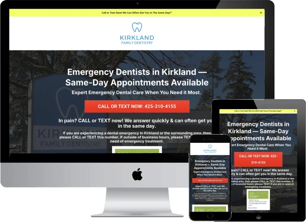Kirkland Dentistry emergency landing page designed by Titan Web Agency