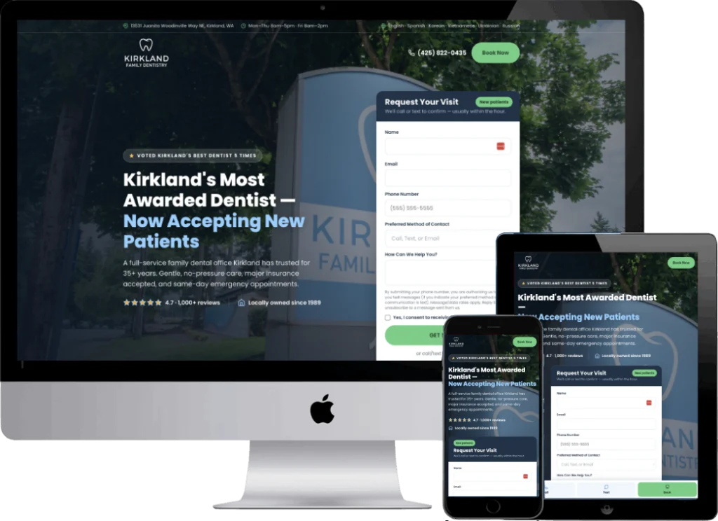 Kirkland Dentistry family landing page designed by Titan Web Agency