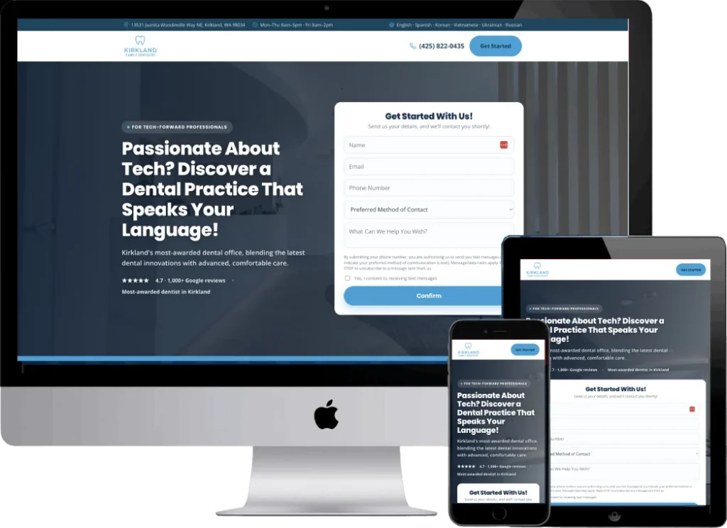 Kirkland Dentistry family landing page designed by Titan Web Agency