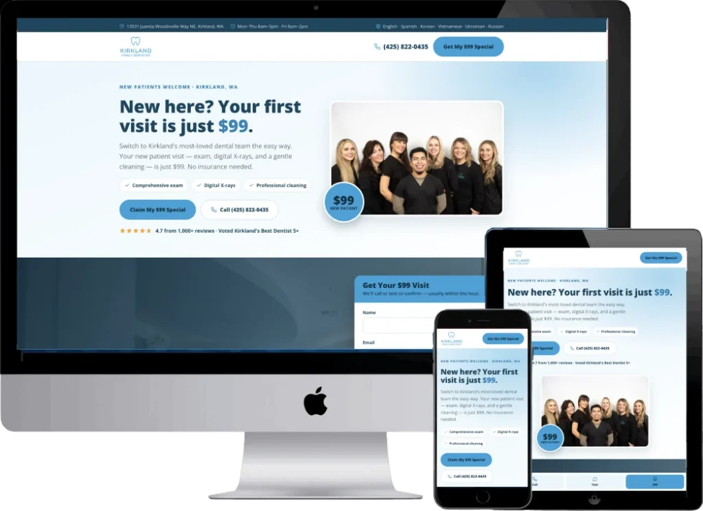 Kirkland Dentistry new adult patient landing page designed by Titan Web Agency