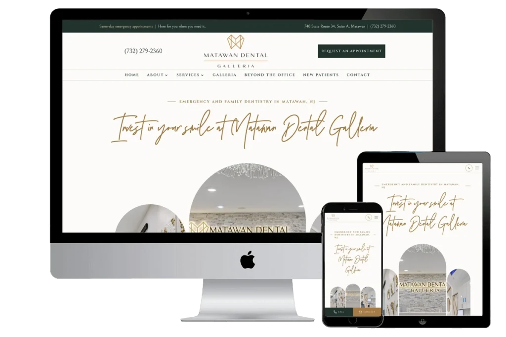 Matawan Dental Galleria website shown on desktop, tablet, and phone